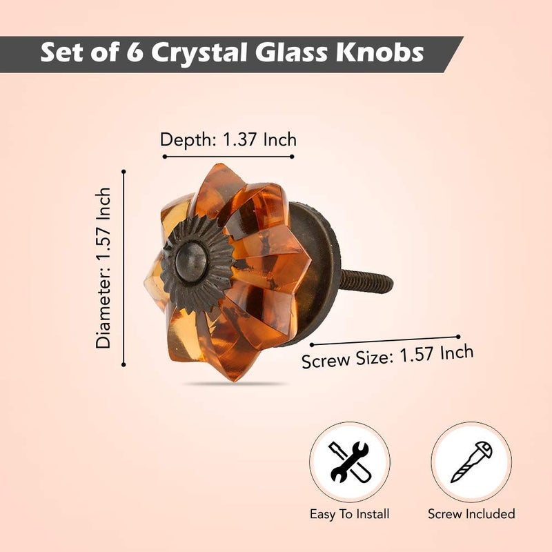Perilla Home Set of 6 Crystal Knobs for Cabinet & Drawers Decorative Vintage Glass Knobs for Home Kitchen Cabinet Hardware Cupboard Glass Door Dresser Wardrobe and Drawer Pulls (Amber) - Image 2